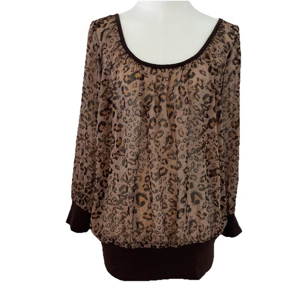 Vintage Y2K Guess Jeans Sheer Blouson Top Women's XL Brown Leopard Print Boho - Picture 1 of 12
